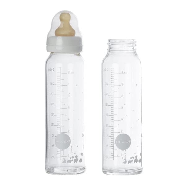 Стъклена бутилка за новородени HEVEA Standard с гърло - Бебешки бутилки с бавен поток от колики 0-3 месеца - Екологично чисти,