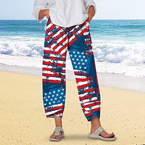 Дамски Спортни Панталони-Зреещи WOCACHI, Дамски Ленени Панталони с Принтом на Американското, Скъсяване на Плажни Панталони С