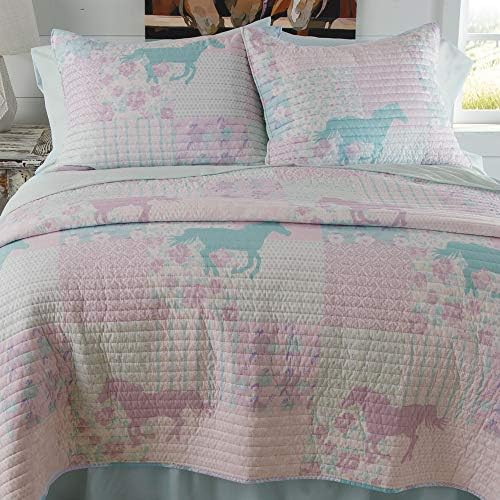 Легло принцеса-понита-ковбойки Вид в чантата с двойно одеало, лилаво, тюркоазено и розово лоскутным модел от коне, цветя,