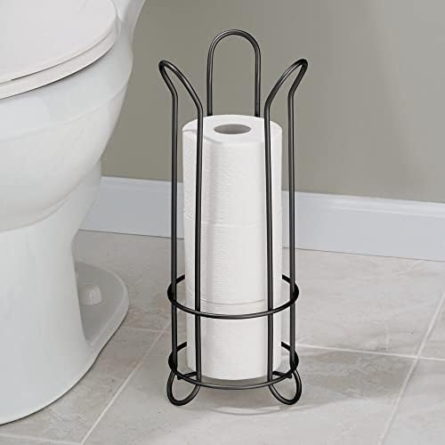 mDesign Декоративна Метална свободно стояща поставка за тоалетна хартия с място за съхранение на 3 ролки тоалетна хартия - баня