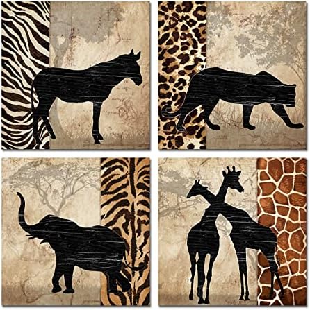 HOMEOART Африкански Животни Стенно Изкуство, Печат Върху Платно, Жираф, Зебра, Слон, Леопард, Боядисване, Африкански Пейзаж, Интериор за Хол, Спалня, 12 x12x4 бр.