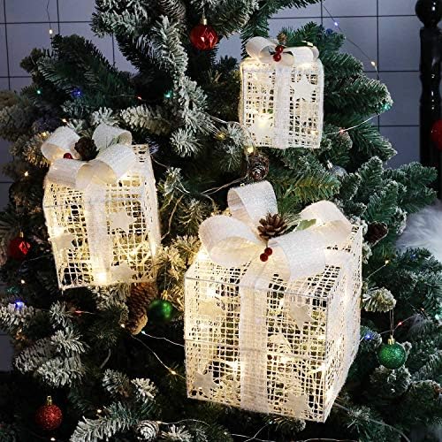 KPROE Комплект от 3 Коледни Подаръци Кутии от Бяло Сребро с Осветление, Декорация на Двора на Къщата