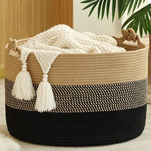Голяма кошница за одеяла от Памук въже KAKAMAY (20 x 13), Тканая Кошница за детски дрехи, Кошница за одеала за детската, пералня, хол,