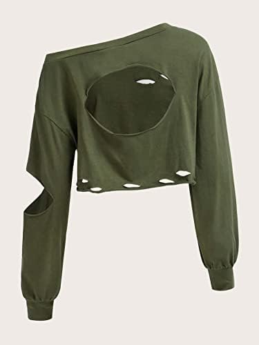 Качулки ZARKL за жени, Дамски hoody, однотонная разкъсно hoody с открити рамене, блузи (Цвят: Армейски зелен, Размер: Малък)