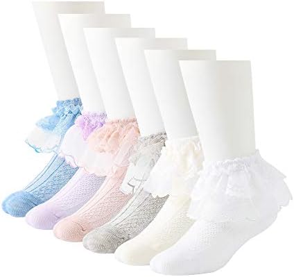 Juebm/Чорапи с рюшами за новородени момичета, чорапи, рокли за деца, опаковки от 3/5/6 Детски Дантелен чорапи на щиколотках с къдри