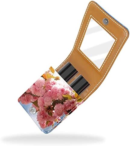 Калъф за червило GUEROTKR, Кожен Органайзер за Блясък за устни с Огледало, Мини-Bag-Държач за Червило, Японски розово цвете модел