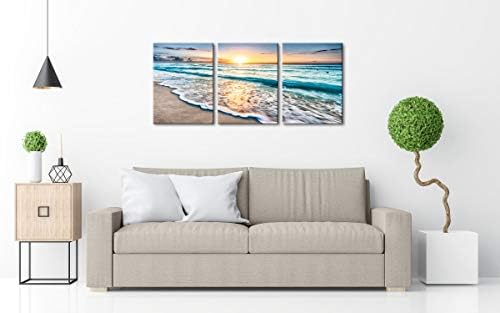 Wieco Art 3 Панела Син Плаж на Платното за Монтиране на Изкуството за Домашен интериор Залез Бяла вълна Плажни Картини върху платно Изглед