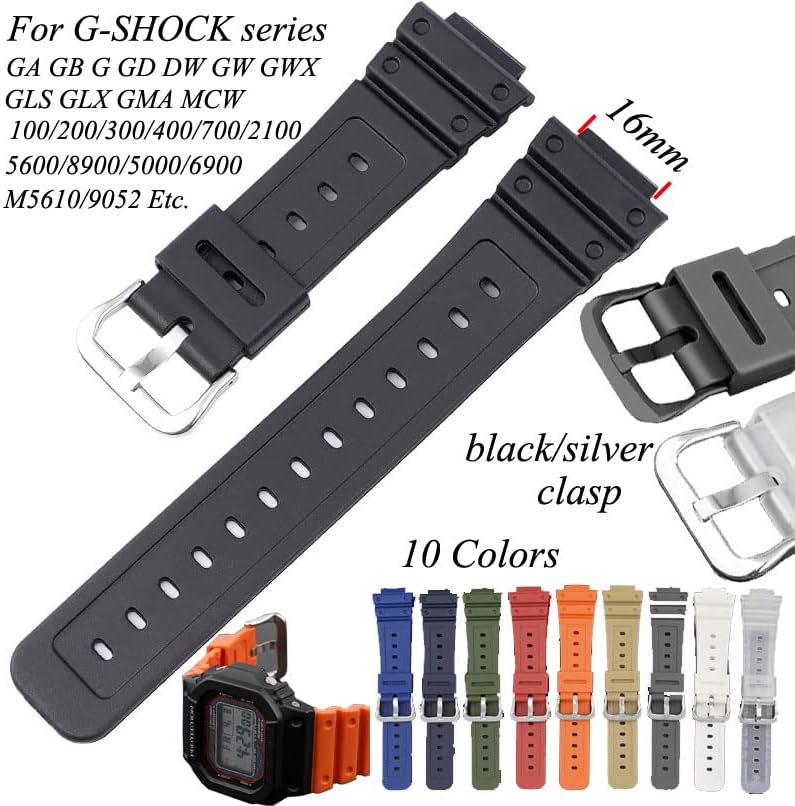 16 мм Матово черна каишка от TPU За часовници Casio G-Shock DW-6900 5600E 9052 GW-M5610 GB5600 GA-110 300 2100 GD110 GLS8900 Каишка За часовник