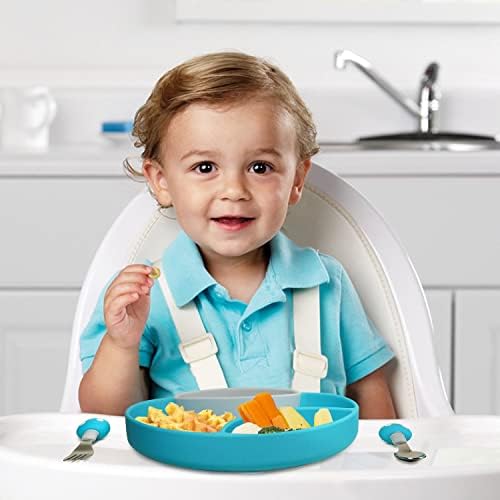 Купа за бебе, Силиконови Вендузи за деца, с Лъжица и Вилица - Комплект Посуда за Самостоятелно обучение на новороденото (синьо-сива)
