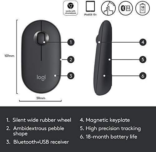 Преносима безжична мишка Logitech M355 с Bluetooth или приемник на 2.4 Ghz, Тих, Тънък Компютърна мишка с Тихо щракване за преносими компютри, тетрадки книги, PC и Mac - Графит (Обнов?