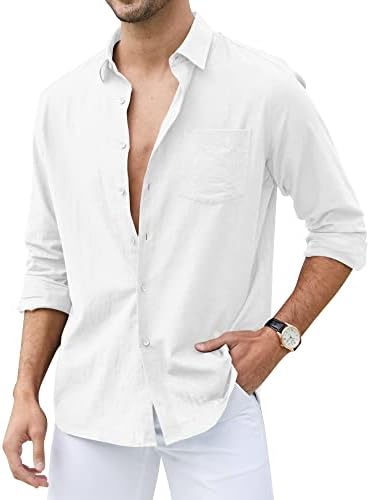 Мъжка риза Свободно Cut GIANZEN от памук и Лен Свободно Cut с дълги ръкави, Бизнес и Ежедневни Риза с копчета с джоб