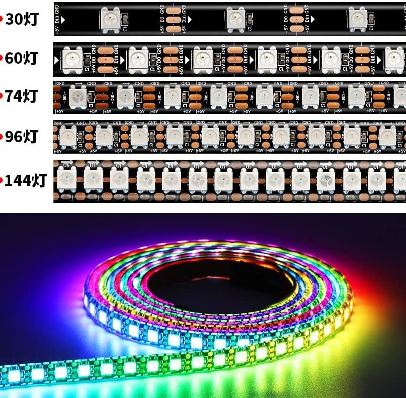 AKSPET Led аксесоари за декорация на 5 М WS2812 DC5V Led лента с вграден IC програмируем RGB ленти 5050SMD 30/60/74/96/144 led/ м за външно/вътрешно ползване (Цвят: черен PCB-IP65, размер: 30 led / m)