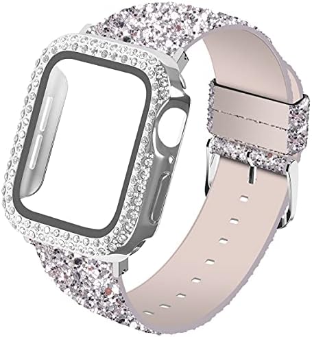 Wolait е Съвместим с каишка на Apple Watch със стъклен защитно фолио за екрана 45 мм 44 мм 40 мм 41 мм, кожен брилянтен