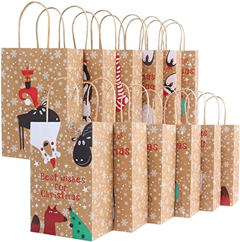 LOKIPA Коледни Крафт-Подарък Пакети, 24ШТ Хартиени торби за Предложения, Подаръчни Торбички с Дръжки за Коледно парти,