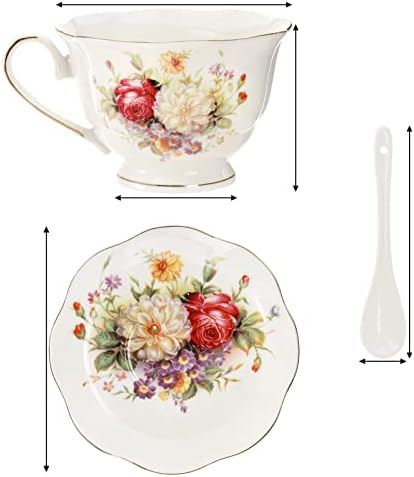 Комплект от 6 чаени чаши и блюдец Foraineam, Определени чаени чаши с цветен печат и златно покритие, чаши за Кафе слонова кост
