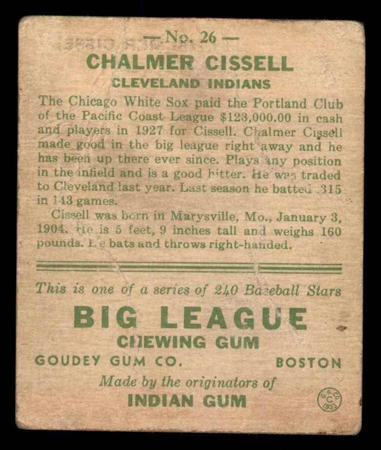 1933 Гуди 26 Чалмер Сисселл Кливланд Индианс (Бейзболна картичка) ЧЕСТНО индианците