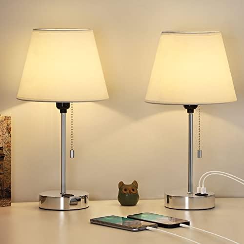 Настолни лампи HAITRAL с Два USB-порта, Съвременната Нощна лампа от 2 лампи с Абажуром от плащаницата, Нощна лампа за Спалня, Офис