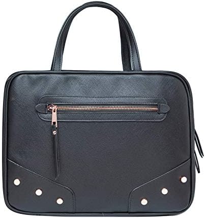 Дамска чанта Ms Прекрасно с кожена шипове за тоалетни принадлежности - Големия козметичен размер с 4 джоба - Профили от розово злато и интериор от сатен - Черен