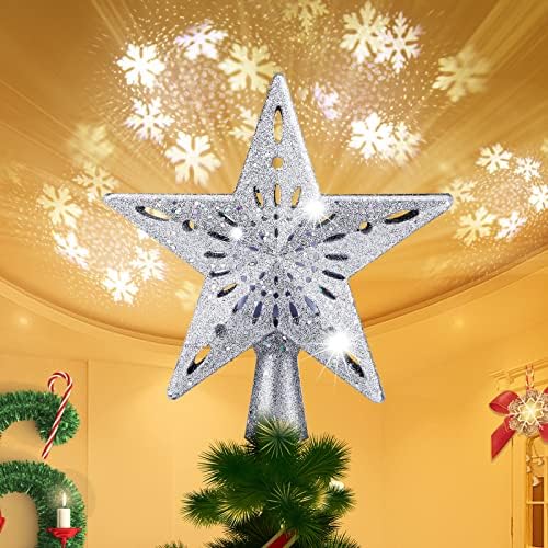 Topper за Коледната елха, Topper за коледната елха във формата на Звезда, Осветен led прожектор с Разноцветни /Сребърен Въртящи