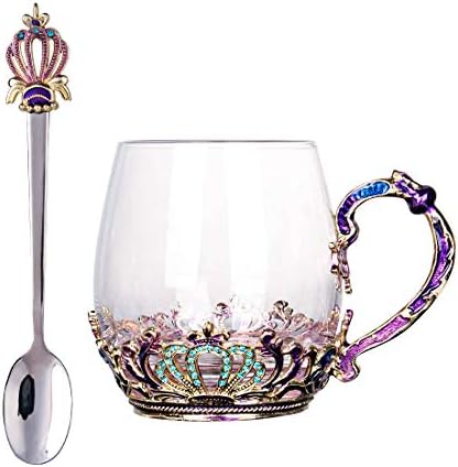Комплект Чаени Чаши SWTHONY Стъкло с Лъжица, Европейски Стил, Резбовани Цветя, Стъклени Чаши за Кафе, Чаши, Емайл, Планински Кристал,