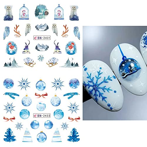 Коледна Стикер за Дизайн на Ноктите Снежинка Преводна Вода Стикер за Нокти Стикер за Акрилни Нокти Синя Коледна Тема Лосове Снежинка