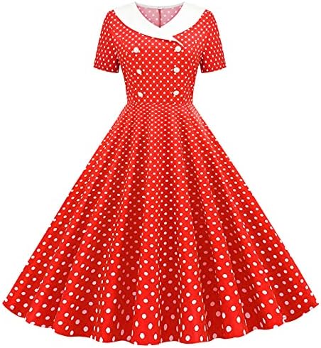 xipcokm Женски Винтажное рокля на 1950-те години Трапецовидна форма В стил Хепбърн, Коктейлни Рокли-Люлка С Къс ръкав на Полка
