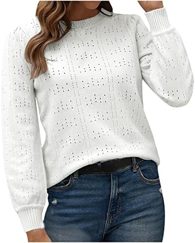 Вязаный Пуловер Пуловер за Жени, Тениски с дълъг ръкав и кръгло Деколте, Тънка Лека Риза с Кухи Дъното, Блузи