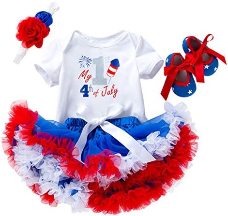 На 4 юли, Облекло За Рожден Ден За едно малко момиченце, Гащеризон с Американския Флаг + Фатиновая Пола с Волани + Превръзка