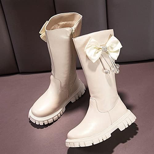 Кожени обувки за момичета, Зимни ботуши с цип с шнур, Модни детски ботуши до коляното 3-14,5 години (бели, за по-големите деца 11,5-12 години)