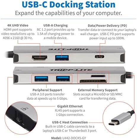 Докинг станция Трип Lite USB C 4K USB хъб, HDMI за зареждане на SD/Micro SD GbE (U442-Dock5-Gy)