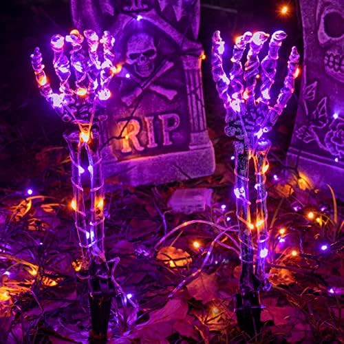 Външни декорации за двор на Хелоуин, Светещи колове за ръка с виртуален скелет, 8 Режима на осветление с 76 led лилави и оранжеви