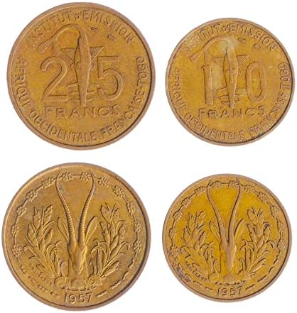 2 Монети от държави от Западна Африка | Колекция от западна африка монети 1 25 франка | В обращение 1957 | Риба-трион | Пробирка