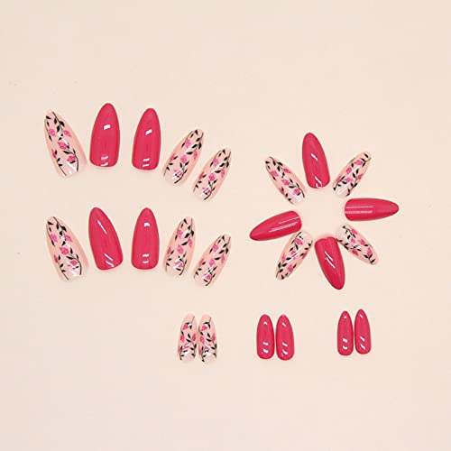 Бадем натиснете върху ноктите Средни Режийни Ноктите Розово Цвете с Листа Дизайн Акрилни Нокти Гланц Пълно Покритие с Лепило върху ноктите