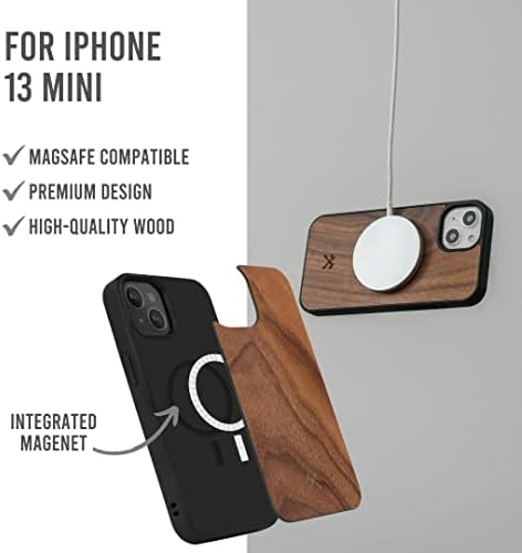 АКСЕСОАРИ за ДЪРВО - Магнитен калъф-броня, Съвместим с калъф iPhone 13 Mini с магнит, Изработена от дърво, орех