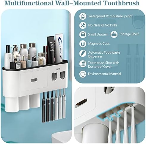 Двойна Автоматични Дозатори за Паста за зъби, монтиран на стената Д-Държач за четка за зъби BHeadCat с Сокоизстисквачка за Паста за зъби,