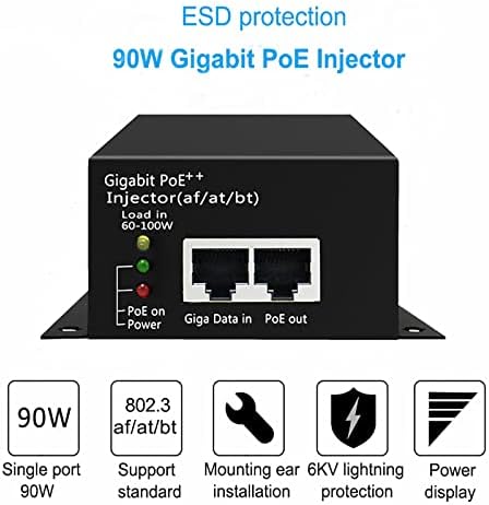 Gigabit PoE injector ++, 90 W 802.3 af/at /бт 10/100/1000 Mbit/s, щепсела и да играе, Метален за настолен монтаж, на разстояние до