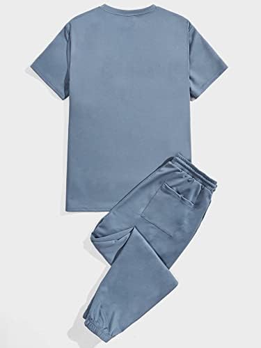 Мъжко облекло от две части, Мъжка тениска с писмото шарките и спортни панталони с завязками на талията (Цвят: прашни сини, Размер: