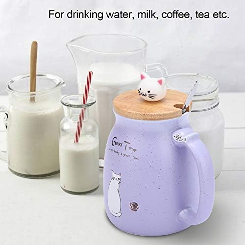 Керамична чаша Fdit Lovely Cat с Лъжица и Капак, Кафеена Чаша за Вода и Мляко, Съдове за напитки (Лилава)