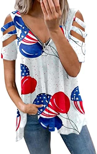 На 4 юли, Туники с Флага на САЩ, Женска Тениска, Прикрива Мазнини по Корема, Летни Дневни Празнични Блузи с Къс Ръкав и V-образно деколте и копчета
