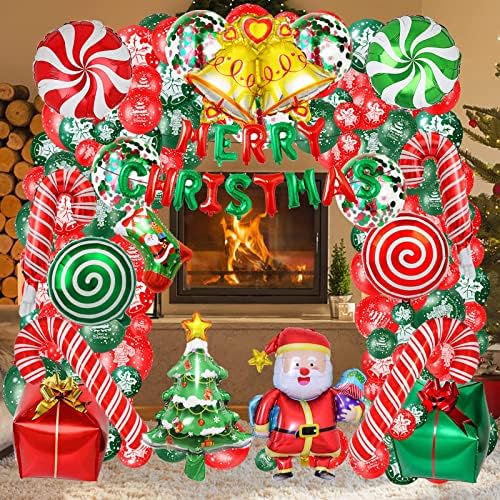 Коледна Гирлянда от Балони, Арка, комплект с Украса за Коледното Парти, Зелени, Червени Бонбони, Балони, Подарък Кутия, Балони,