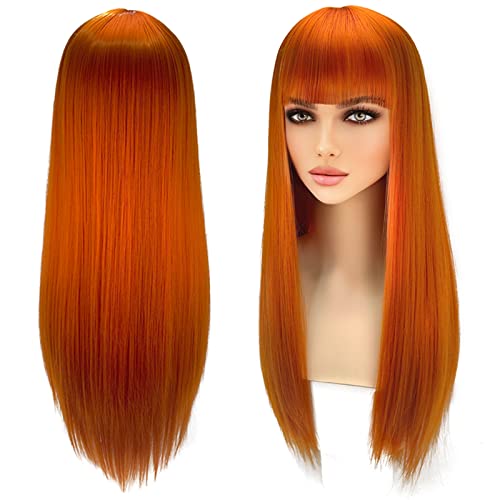 Златен перука AOPUETRX с бретон за жени с дълга права коса, оранжеви перуки за cosplay Gilrs, цветна перука за ежедневна употреба