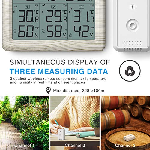 Термометър AMIR за помещения и на улицата, 3-Канален Цифров Термометър-Влагомер с 3 Датчици, Безжичен монитор влажност с LCD