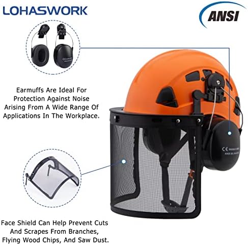 Защитна Каска LOHASWORK, Одобрен ANSI Z89.1, Предпазна Каска с Антифони и Защитна маска За лицето Строителни Работи