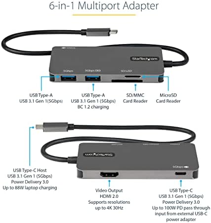 StarTech.com Многопортовый USB адаптер C - от USB-C до 4K, HDMI, чрез прехвърляне на захранване с мощност 100 W, слот за SD /