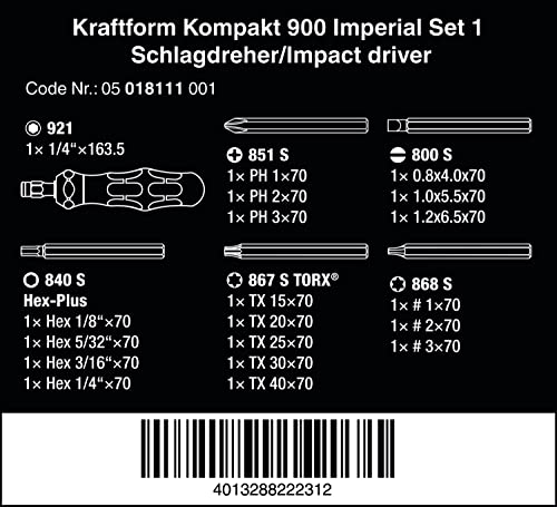 Wera 05018111001 Kraftform Kompakt 900 Imperial Set 1, Комплект ударни отвертки, 19 бр.