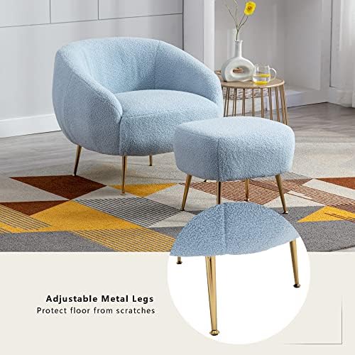 Merax Blue Съвременно удобно меко акцентное стол с пуфиком, плюшевое стол за четене в дневната, спалнята, комплект от 1