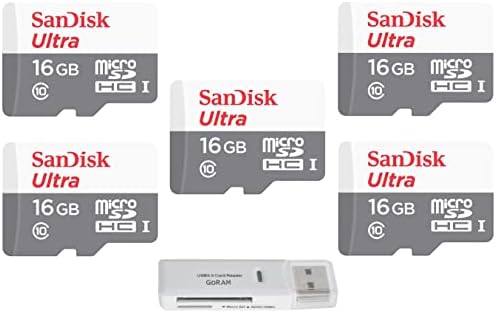 SanDisk Ultra 16GB (5 опаковки) Карта памет microSD Клас 10 80 Mbit/Micro SDHC карта за смартфони и таблети SDSQUNS-016G в комплект с (1) устройство за четене на GoRAM (16 GB, 5 опаковки)