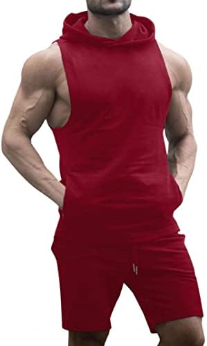 TURETRENDY Мъжки спортен костюм от 2 теми, Тренировочная Риза без Ръкави с качулка и Панталони, Всекидневни Спортен Комплект