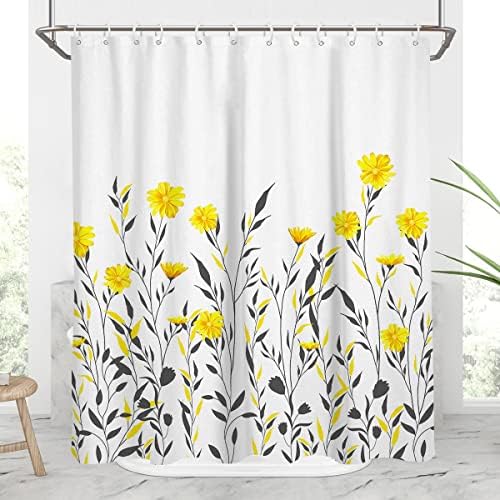 Прозрачни Жълто-сивата завеса за душ, Сиво Маргаритка, с цветен модел, Черни листа, Цветя, растения, Слънчоглед, Гофрети листата