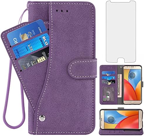 Asuwish е Съвместим с Калъф-портфейл Moto E4 Plus и Защитно фолио от закалено Стъкло, Сгъваща се стойка за Кредитни карти, джоб